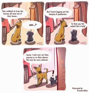 An illustrated comic of two dogs discussing the COVID-19 pandemic