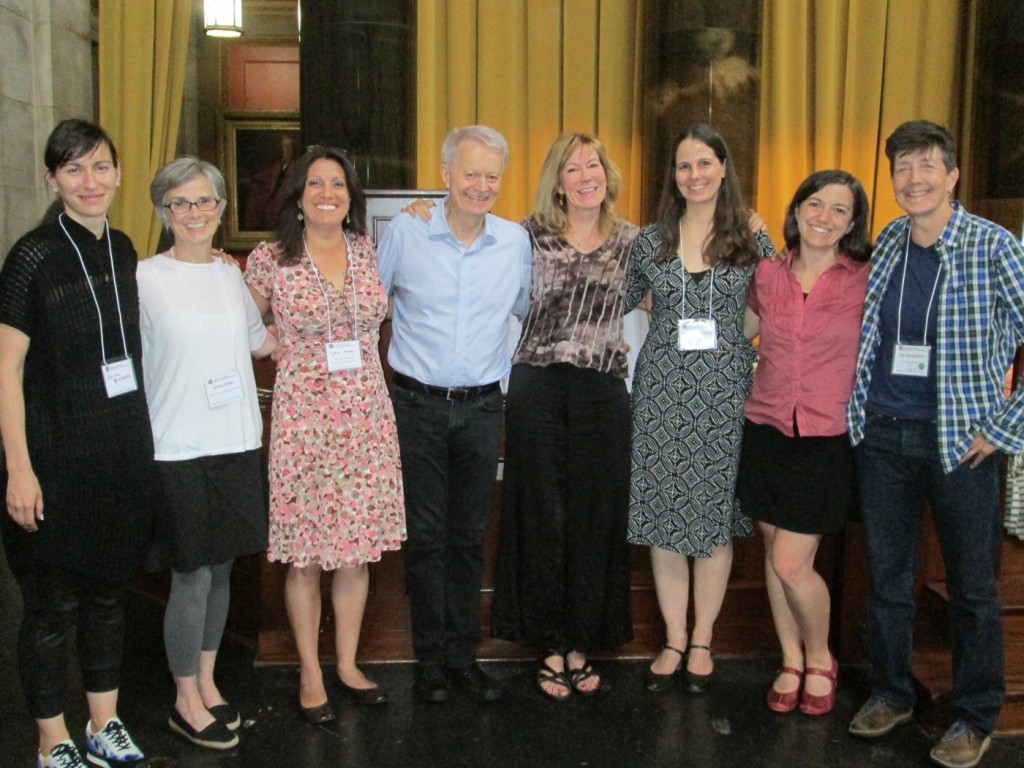 Mark Bly with the Bly Fellows [l-r]: Jessica Grindstaff, Janice Paran, Lydia Garcia, Mark Bly, Philippa Kelly, Katalin Trencsényi, Heidi Taylor and Jan Derbyshire at the LMDA 30th anniversary conference, New York, Columbia University, 2015. Photo: Cynthia SoRelle.