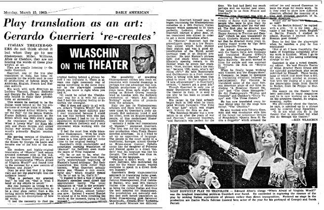 Ken Wlaschin, Play translation as an art: Gerardo Guerrieri “re-creates,” in Daily American, Rome, 15th March 1965, p. 7 (clipping). Image courtesy of Guerrieri Family Archive, Rome (Italy).