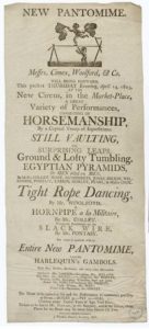 Playbill of an English circus and pantomime performance, 1803. Photo Cred Public Domain