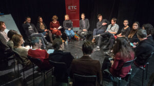 ETC alumni artists in conversation at the Kyiv Academic Molodyy Theatre, December 2018. (Photo credit: Oleksii Tovpyha)