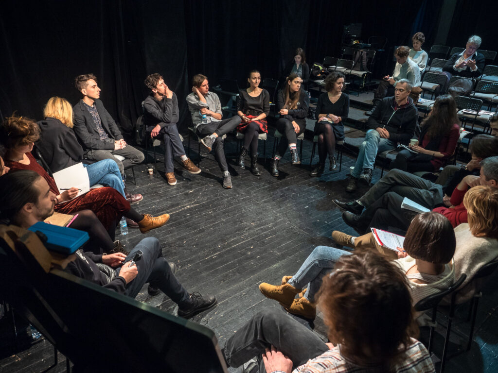 A discussion among Ukrainian ETC alumni artists at the Molodyy Theatre in Kyiv, December 2018. Photo credit: Oleksii Tovpyha
