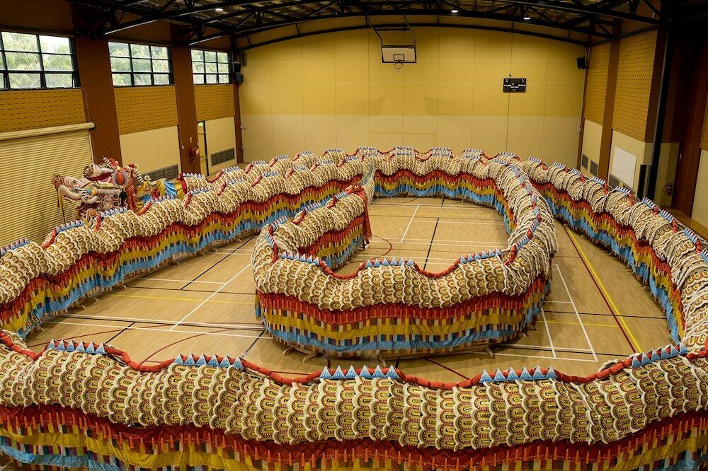 Dai Gum Loong waits to be awakened inside a school gymnasium. He is the longest imperial dragon in the world at 125m with 7000 individual scales.