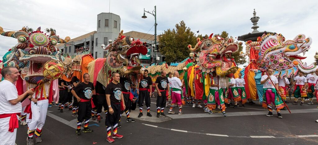 Bendigo’s four dragons – Yar Loong, Loong, Sun Loong and Dai Gum Loong – parade together for the first time.