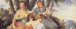A 17th-century representation of the Greek muses Clio, Thalia and Euterpe playing a transverse flute, presumably the Greek photinx. Painting by Eustache Le Sueur. Public domain via Wikimedia Commons.