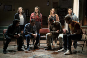 The cast of “Octet” by Dave Malloy. Directed by Annie Tippe. Photo by Joan Marcus.