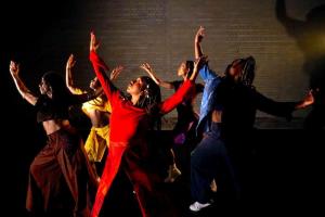 Ibilola Rossi, Tatenda Matsvai, Cherrelle Skeete, Alex Thomas-Smith and Nadine Higgin in for colored girls who have considered suicide / when the rainbow is enuf. Photo: Camilla Greenwell
